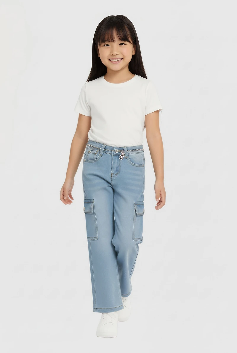 Little Girls Cargo Jeans with Bear Chain Belt