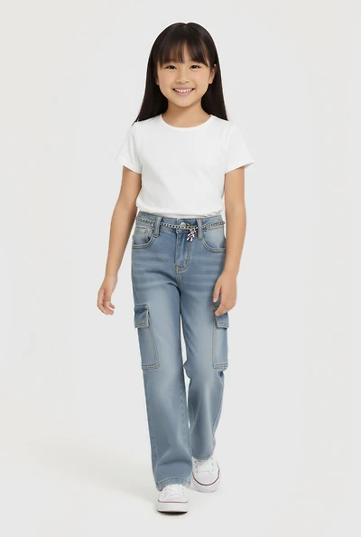 Little Girls Cargo Jeans with Bear Chain Belt