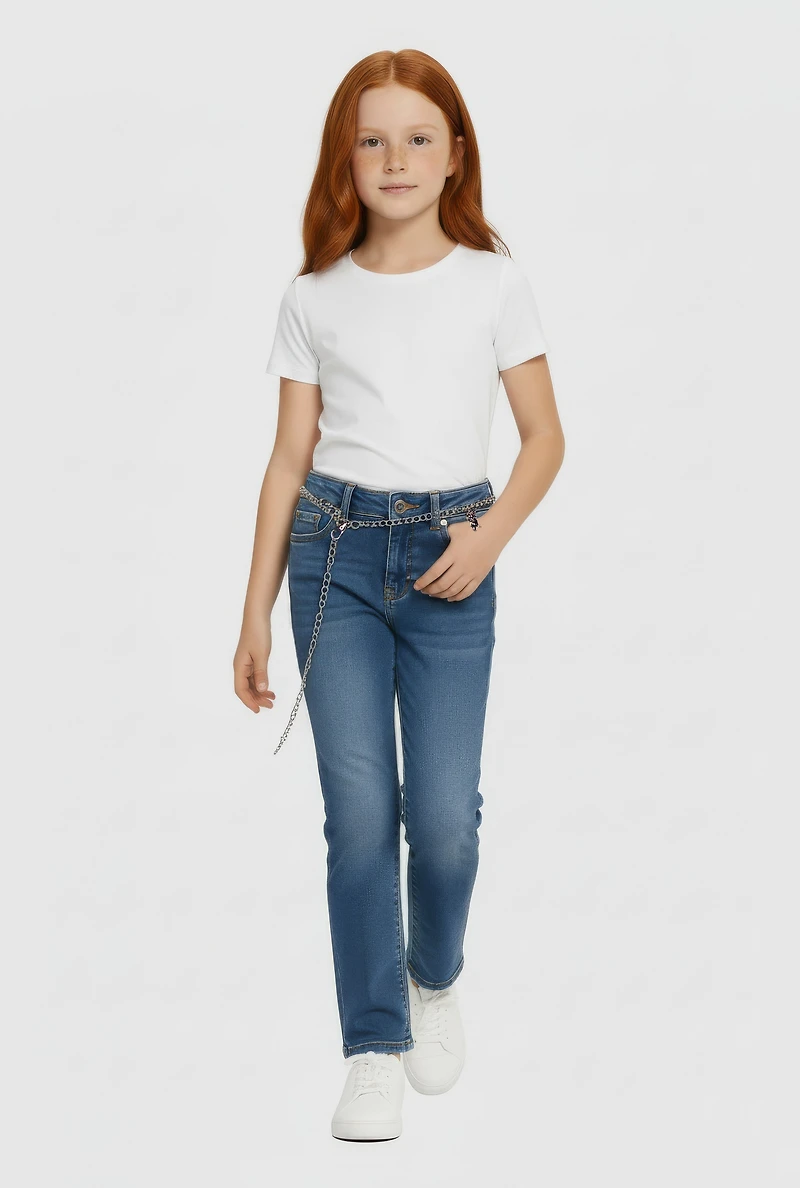 Little Girls Straight Leg Jeans with Teddy Charm Chain Belt, Blue, Size 4