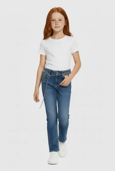 Little Girls Straight Leg Jeans with Teddy Charm Chain Belt