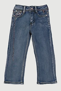 Little Girls Straight Leg Jeans with Teddy Charm Chain Belt, Blue, Size 4