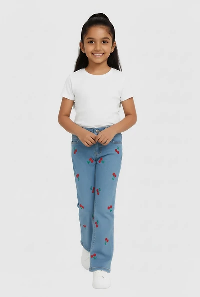 Little Girls Embroidered Cherry Graphic Flare Leg Jeans