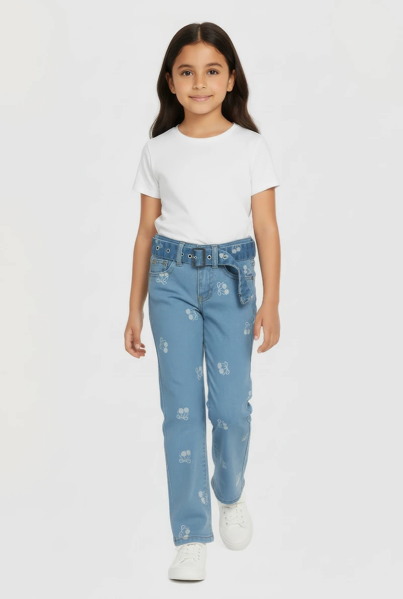 Little Girls Cherry Graphic Mid Rise Flare Leg Jeans