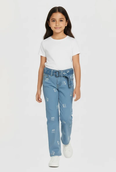 Little Girls Cherry Graphic Mid Rise Flare Leg Jeans