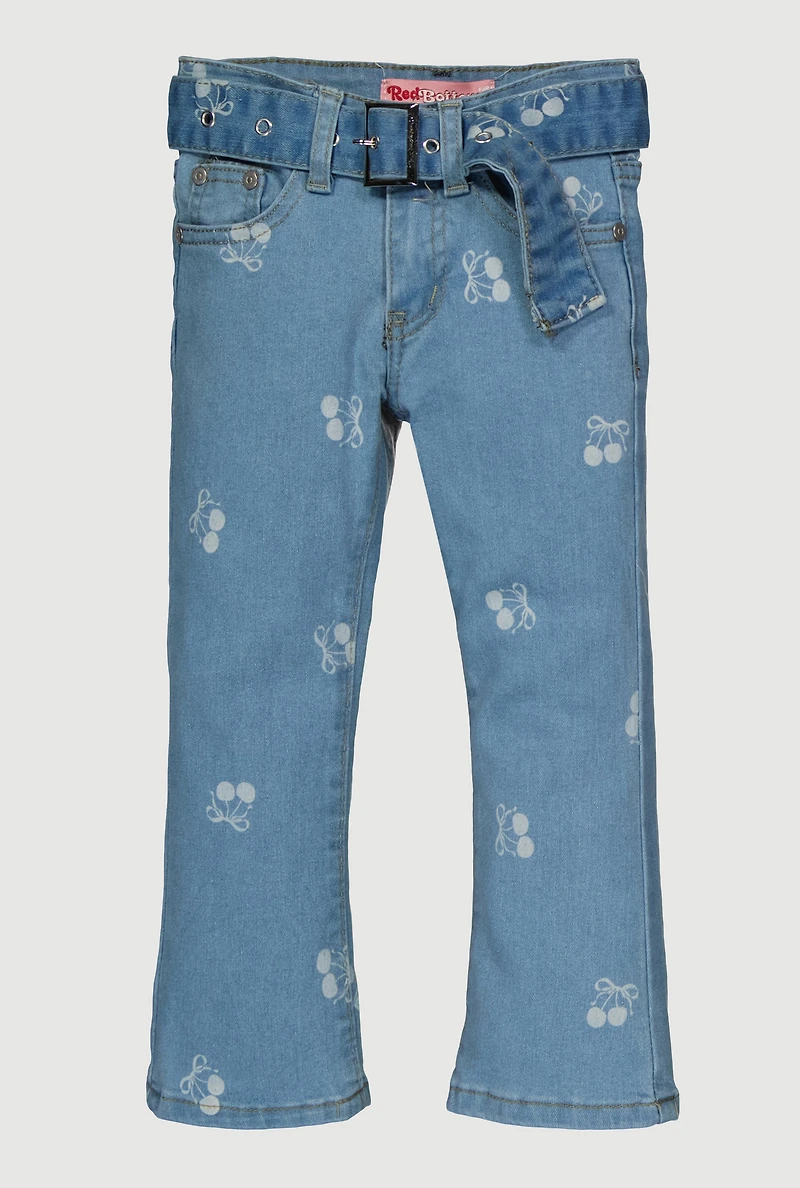 Little Girls Cherry Graphic Mid Rise Flare Leg Jeans