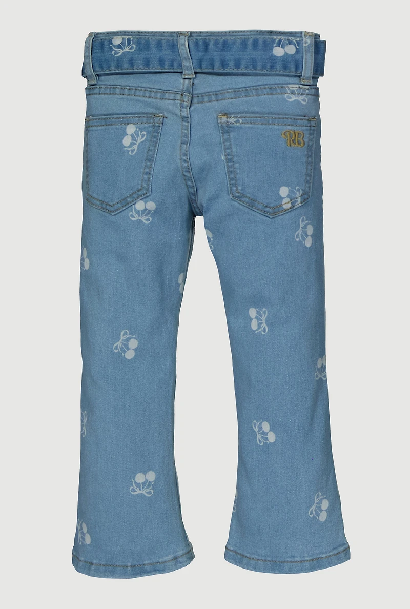 Little Girls Cherry Graphic Mid Rise Flare Leg Jeans