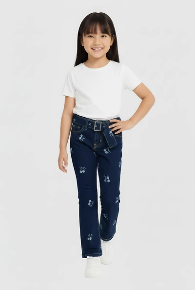 Little Girls Cherry Graphic Mid Rise Flare Leg Jeans