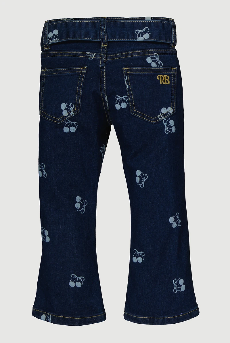 Little Girls Cherry Graphic Mid Rise Flare Leg Jeans