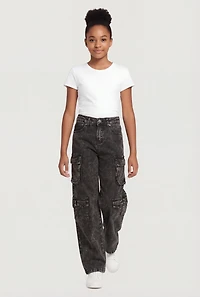 Girls Acid Wash Cargo Pocket Wide Leg Jeans