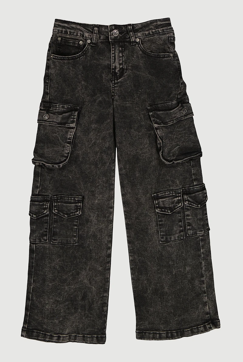 Girls Acid Wash Cargo Pocket Wide Leg Jeans