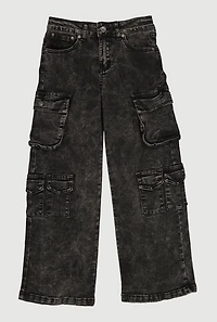 Girls Acid Wash Cargo Pocket Wide Leg Jeans