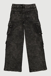 Girls Acid Wash Cargo Pocket Wide Leg Jeans