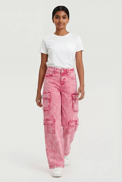 Girls Acid Wash Cargo Pocket Wide Leg Jeans