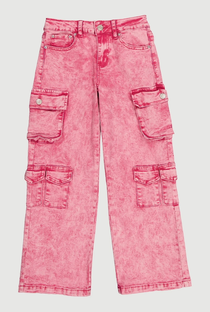 Girls Acid Wash Cargo Pocket Wide Leg Jeans
