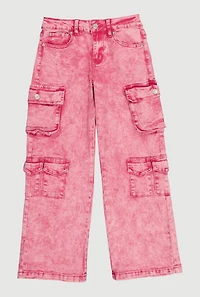 Girls Acid Wash Cargo Pocket Wide Leg Jeans