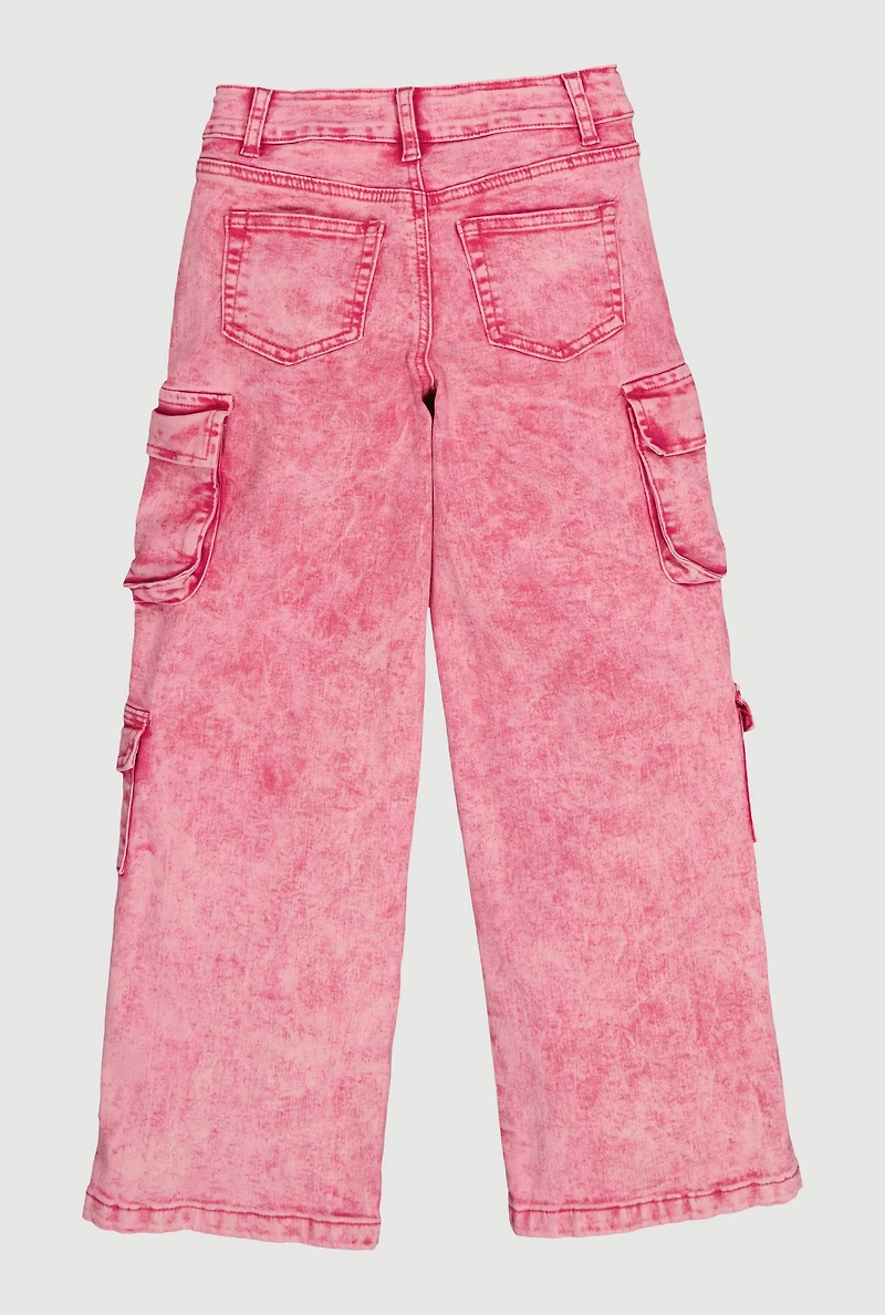 Girls Acid Wash Cargo Pocket Wide Leg Jeans