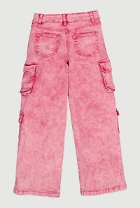 Girls Acid Wash Cargo Pocket Wide Leg Jeans