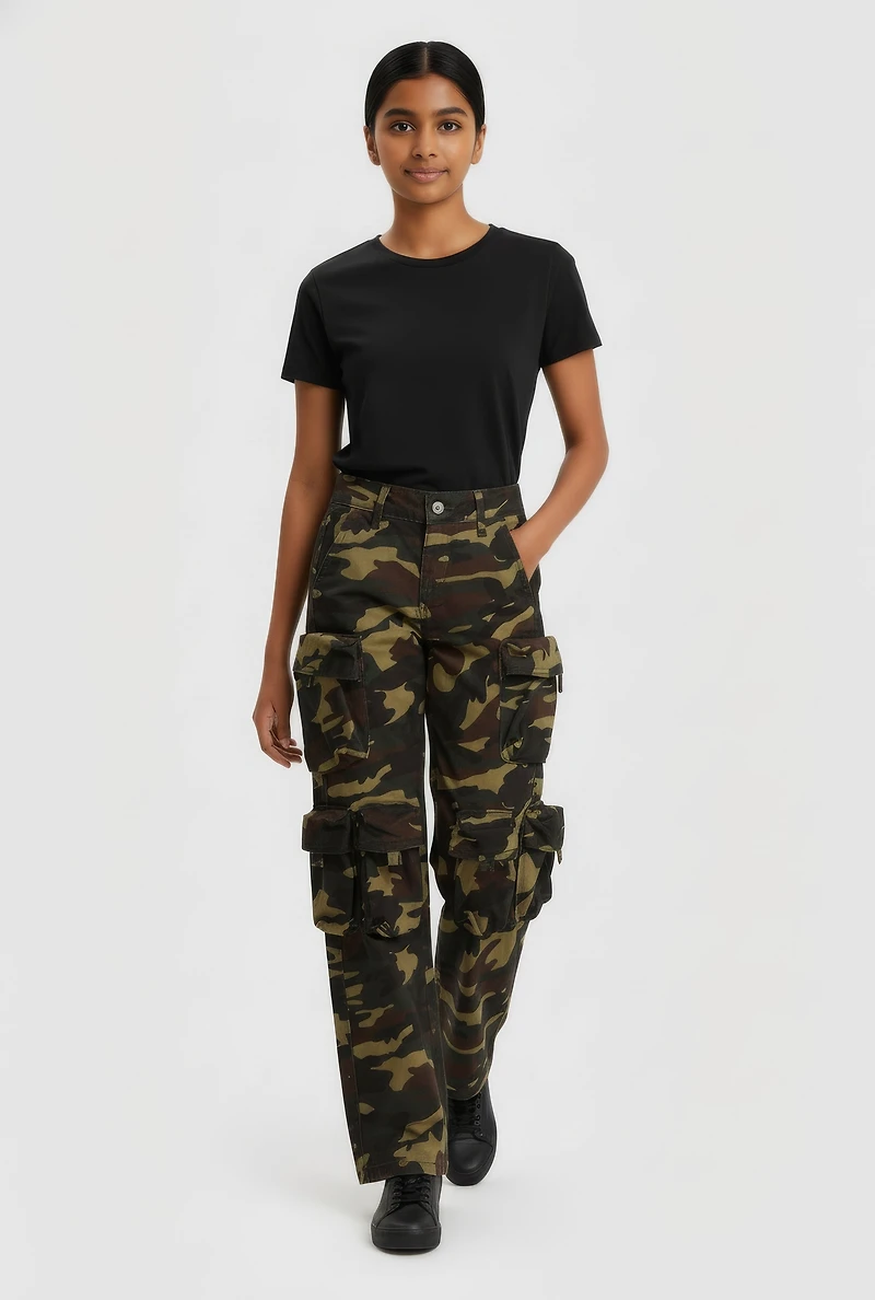 Girls VIP Camo Straight Leg Utility Pants, Green,