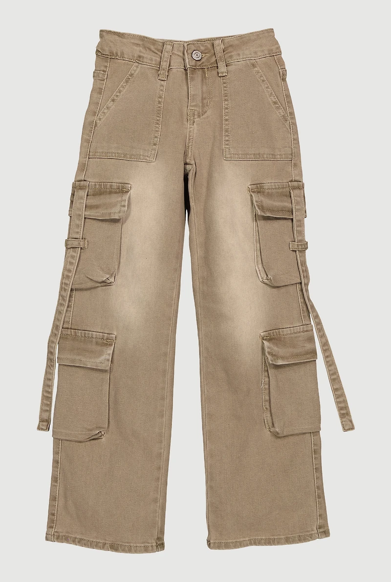 Girls VIP Mineral Wash Straight Leg Utility Jeans, Khaki, Size 10