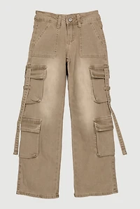 Girls VIP Mineral Wash Straight Leg Utility Jeans, Khaki, Size 10