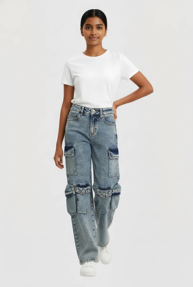 Girls VIP Acid Wash Straight Leg Utility Jeans, Blue, Size 12