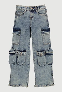 Girls VIP Acid Wash Straight Leg Utility Jeans