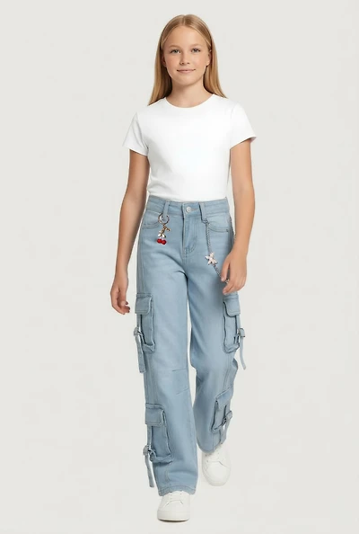 Girls Cherry Butterfly Chain Detail Whiskered Cargo Jeans