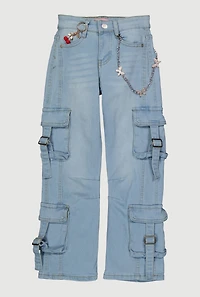 Girls Cherry Butterfly Chain Detail Whiskered Cargo Jeans