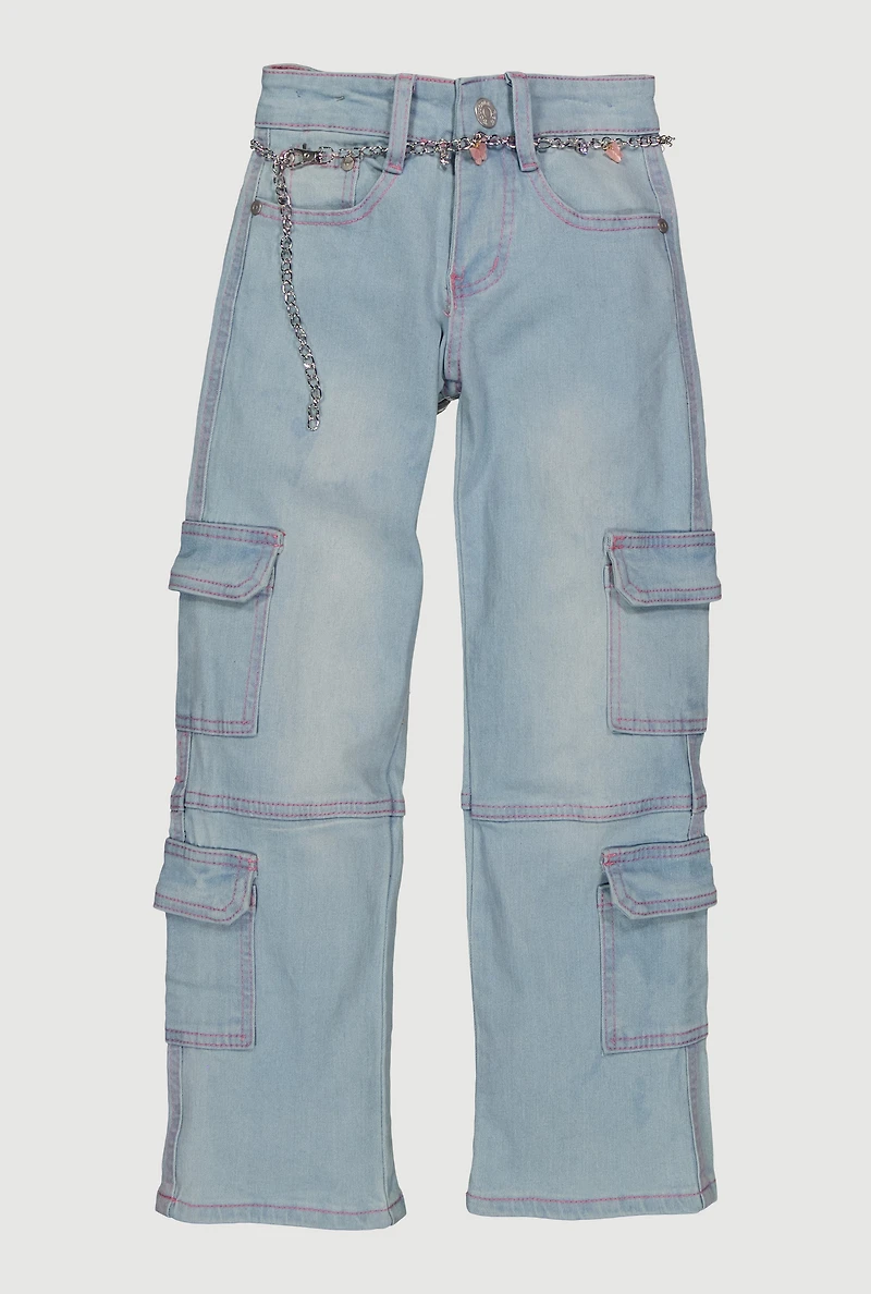 Girls Utility Jeans with Butterfly Chain Belt, Blue, Size 16