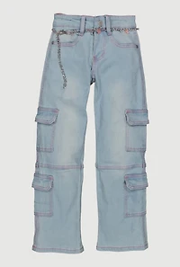 Girls Utility Jeans with Butterfly Chain Belt, Blue, Size 16