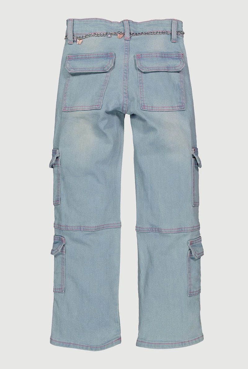 Girls Utility Jeans with Butterfly Chain Belt, Blue, Size 16