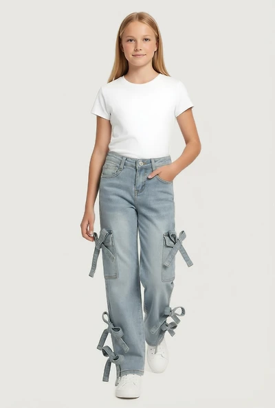 Girls Bow Detail Whiskered Cargo Jeans