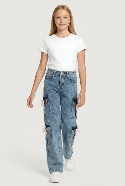 Girls Acid Wash Bow Detail Cargo Jeans