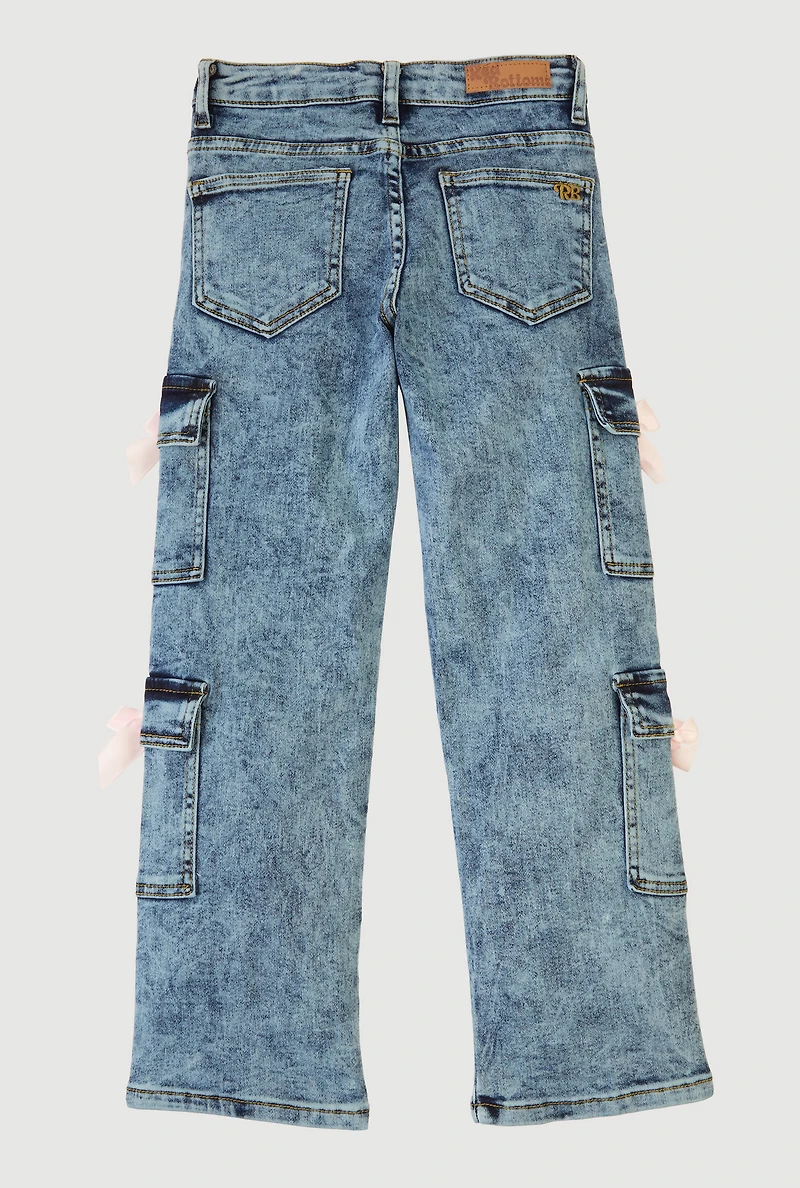 Girls Acid Wash Bow Detail Cargo Jeans