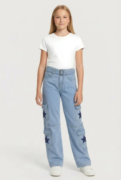 Girls Star Graphic Belted Utility Jeans
