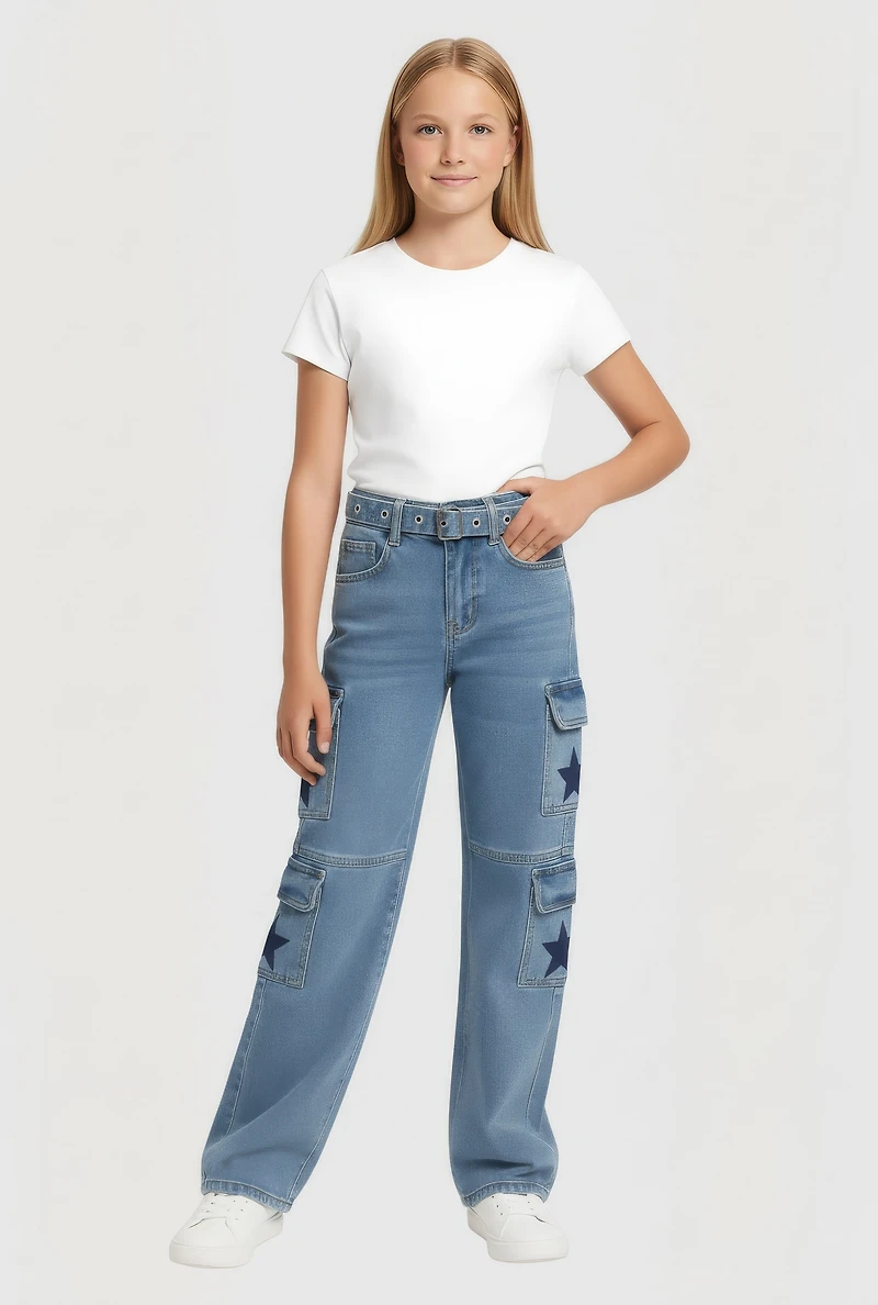Girls Star Graphic Belted Utility Jeans