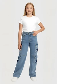 Girls Star Graphic Belted Utility Jeans