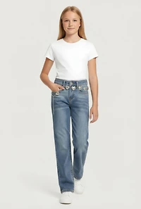 Girls Whiskered Jeans with Heart Chain Belt