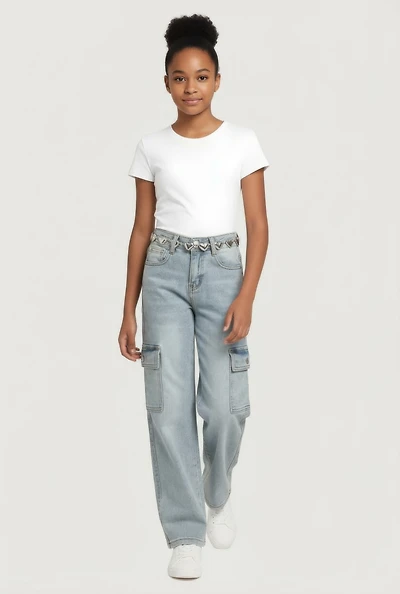 Girls Mineral Wash Cargo Jeans with Heart Chain Belt, Blue,