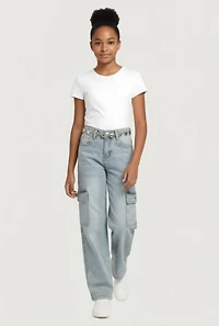 Girls Mineral Wash Cargo Jeans with Heart Chain Belt, Blue,