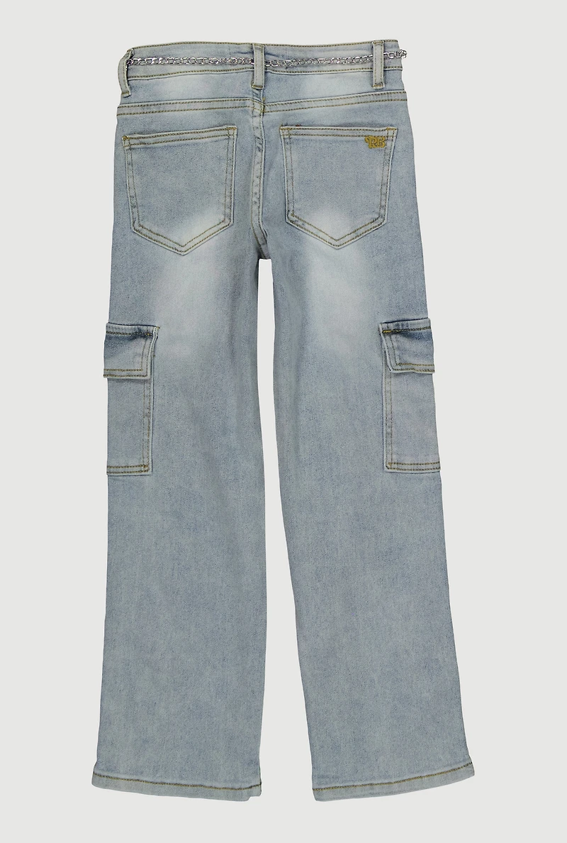 Girls Mineral Wash Cargo Jeans with Heart Chain Belt, Blue,
