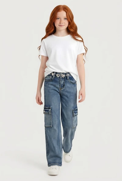 Girls Cargo Jeans with Heart Chain Belt