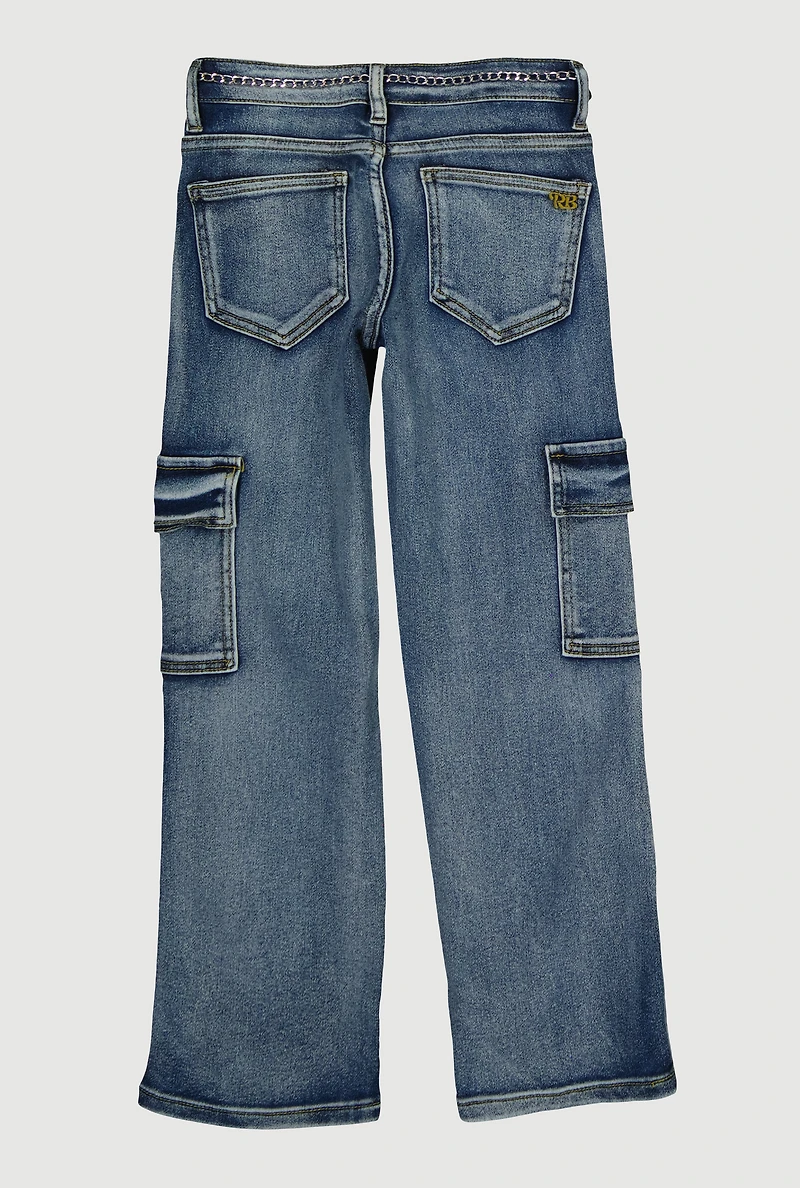 Girls Cargo Jeans with Heart Chain Belt, Blue, Size 8