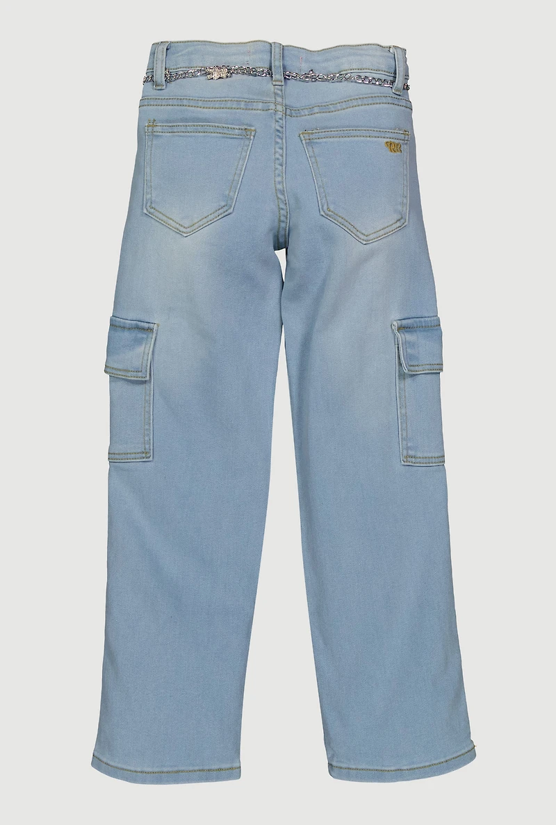 Girls Cargo Jeans with Bear Charm Chain Belt, Blue, Size 10