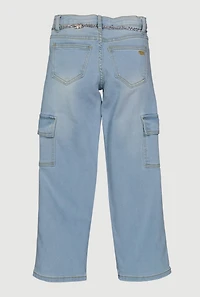 Girls Cargo Jeans with Bear Charm Chain Belt, Blue, Size 10