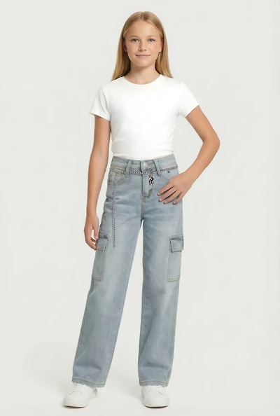 Girls Cargo Jeans with Bear Charm Chain Belt
