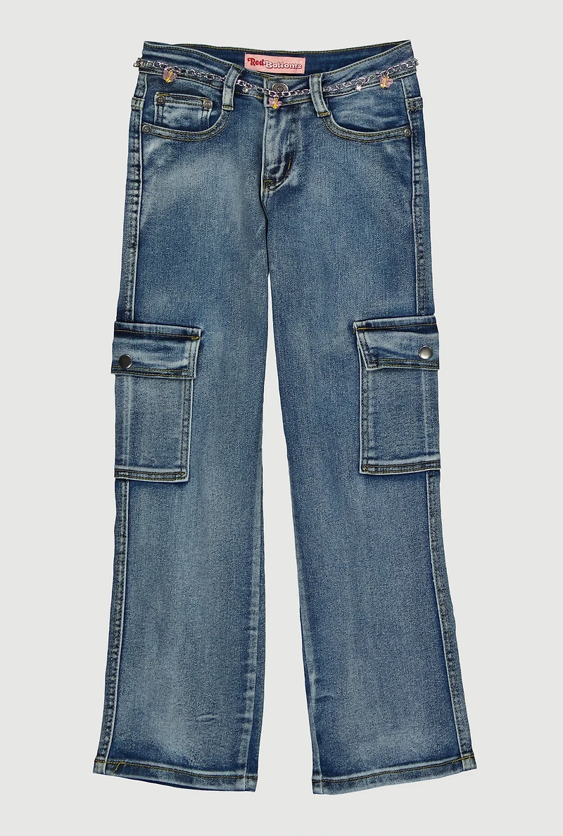 Girls Cargo Jeans with Butterfly Charm Chain Belt, Blue, Size 16