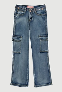 Girls Cargo Jeans with Butterfly Charm Chain Belt, Blue, Size 16