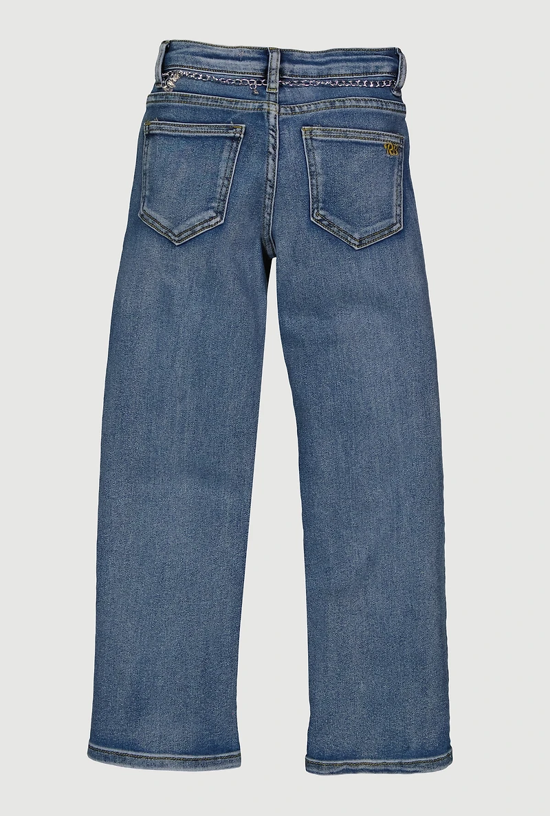 Girls Straight Leg Jeans with Bear Charm Chain Belt, Blue, Size 16