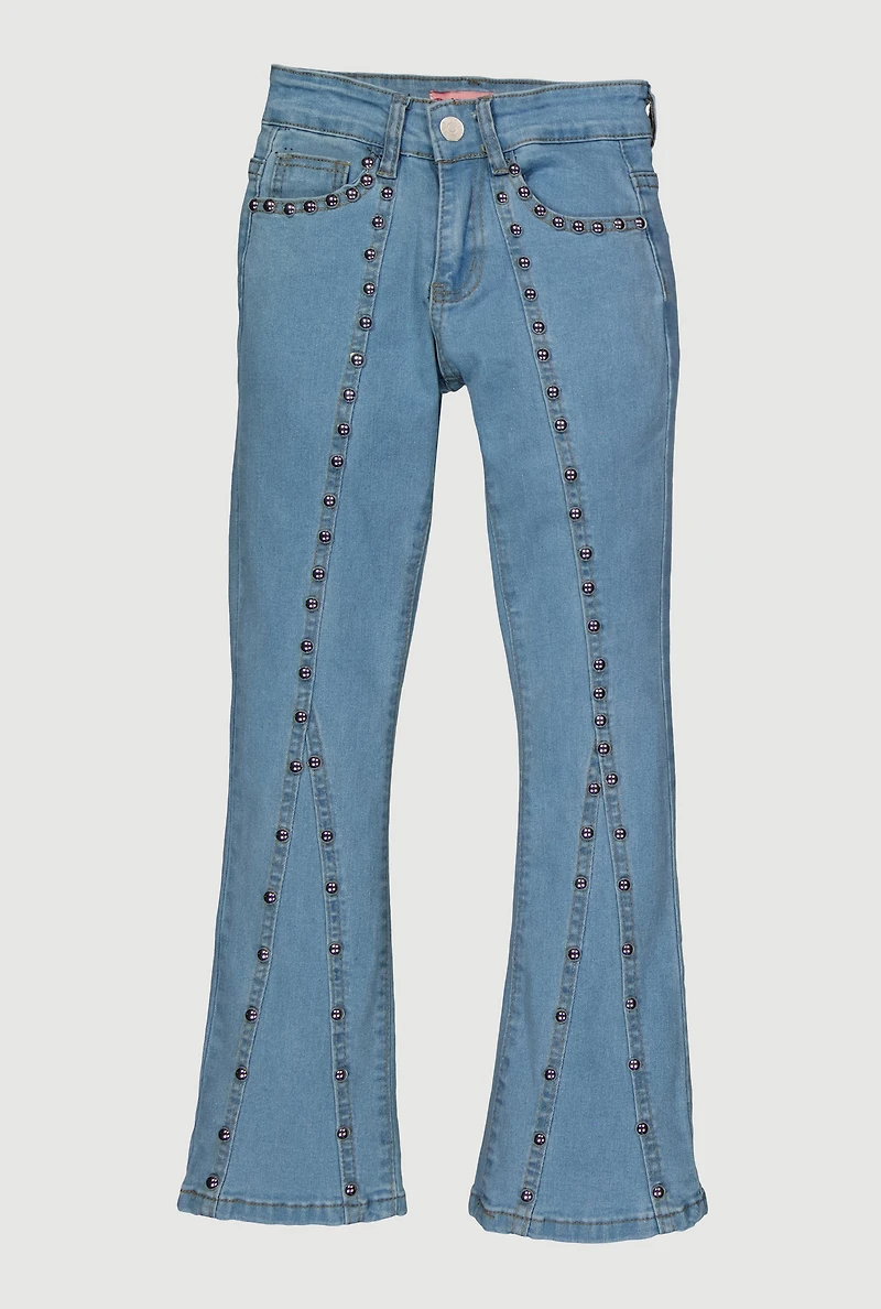 Girls Studded Flare Leg Jeans, Blue, Size 12